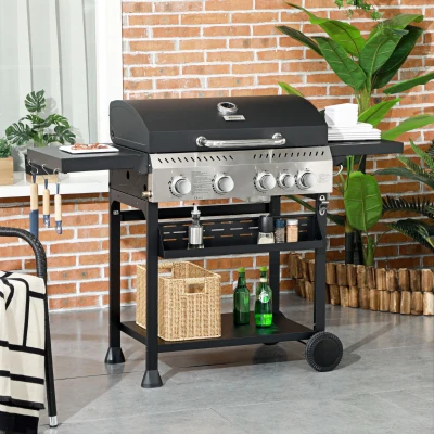 Outsunny Barbecue Gaz 4+1 12,5kW Roulettes Thermomètre Noir