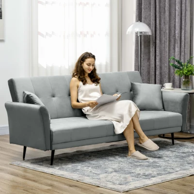 HOMCOM Sillón Cama Sofá Cama de 3 Plazas con Respaldo Ajustable de 3 Niveles y 2 Almohadas Acolchadas Carga 360 kg Gris