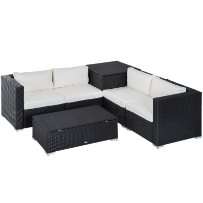 Outsunny 6 Pieces Rattan Garden Furniture Set, 4 Seater Wicker Garden Corner Sofa Set with 2 Storage Tables and Loveseats, Outdoor Conversation Furniture with Cushions for Conservatory, Patio, Black