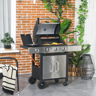 Outsunny Gas Barbecue Grill 3+1 Burner Stainless Steel + Metal