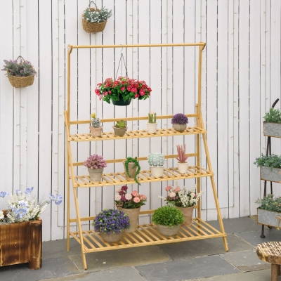 Outsunny Blumentreppe aus Holz Pflanzenständer Leiterregal einstellbare Hängehöhe Blumenständer hängende Bamboo Natur innen draußen 100 x 40 x 143 cm