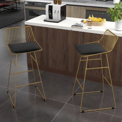 HOMCOM 2 Chaises Bar Acier Doré Coussin Noir 104-109cm