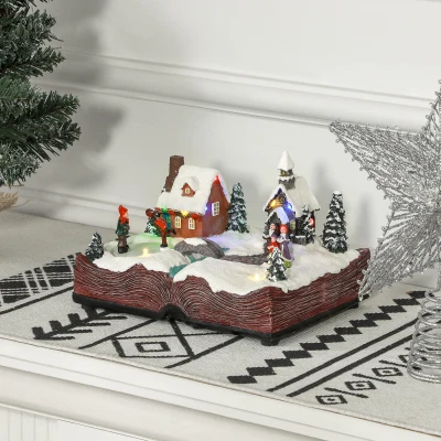HOMCOM Pueblo Navideño Escena Navideña con Luces y Música Patinadores Giratorios Decoración de Navidad 23x18x15 cm Multicolor