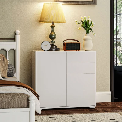 HOMCOM Aufbewahrungsschrank mit 2 Schubladen, 2 Türen, mit Kippschutz, für Wohnzimmer, Schlafzimmer, 79 x 36 x 74 cm, Weiß