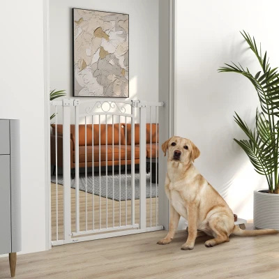 PawHut Puerta para Perros con Ancho Ajustable 76-104 cm Barrera de Seguridad con 2 Extensiones y Doble Bloqueo Blanco