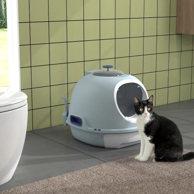 PawHut Caja de Arena para Gatos Arenero Cerrado con Claraboya Abatible Bandeja Extraíble y Pala 47x55x44 cm Azul