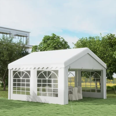 Outsunny Carpa para Fiesta Cochera Gazebo 4x4m Pergola Cenador Pabellón 4 Paneles Laterales 6 Ventanas Anti-UV para Eventos Bodas Acero PE Blanco
