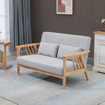 HOMCOM Sofa Relaxsofa 2-Sitzersofa, inkl. 2 Kissen, Samtoptik, Kautschukholz,  130 cm x 75 cm x 78 cm, Grau + Natur