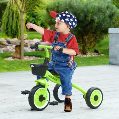 AIYAPLAY Triciclo para Niños de 2 a 5 Años con Asiento Ajustable Cesta Timbre Pedales y 3 Ruedas Carga 25 kg 70,5x53x58 cm Verde