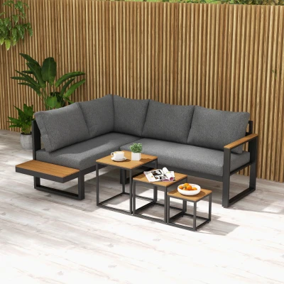 Outsunny Outdoorsitzgruppe 5-teiliges Loungemöbelsicht Gartenmöbelset, 148 cm x 61 cm x 71,5 cm, Grau + Natur