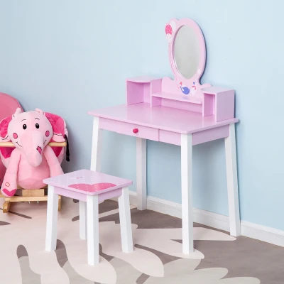 HOMCOM Kids Wooden Dressing Table & Stool Pink