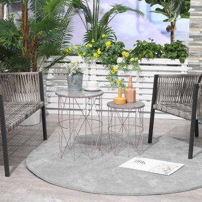 Outsunny 2er-Set Beistelltisch Stapelbar Gartentisch in Marmor Optik Balkontisch aus Metall, runder Kaffeetisch 50kg belastbar, Ø38x52,5 cm Sofatisch für Outdoor Indoor Balkon Rose+Gold+Grau