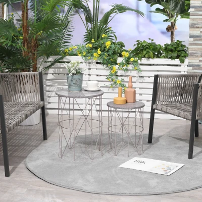 Outsunny 2er-Set Beistelltisch Stapelbar Gartentisch in Marmor Optik Balkontisch aus Metall, runder Kaffeetisch 50kg belastbar, Ø38x52,5 cm Sofatisch für Outdoor Indoor Balkon Rose+Gold+Grau