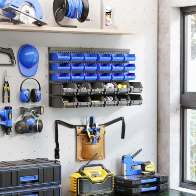 DURHAND Schüttenregal, Werkstattmagazin, 30 Boxen in 2 Größen, stapelbar, 63x18x37,5cm, Blau