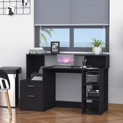 HOMCOM Schreibtisch mit Regal Computertisch Bürotisch mit Tischplatte für Drucker Schublade MDF Metall Schwarz 137 x 55 x 92 cm