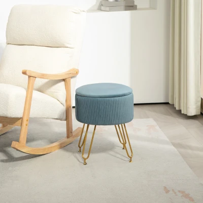 HOMCOM Puff Almacenaje Tapizado en Terciopelo Banco de Almacenaje con Patas de Acero Ø40x48 cm Azul Claro