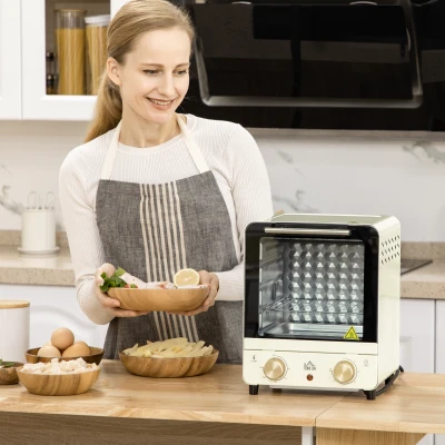 HOMCOM Mini Ofen 15L Fassungsvermögen, höhenverstellbares Backblech und Gitterrost, 1000W, Cremeweiß