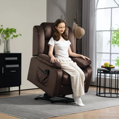 HOMCOM Aufstehsessel mit Massagefunktion und Lendenheizung, Recliner-Sessel mit Fernbedienungen und Seitentaschen, Braun