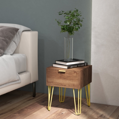 HOMCOM Table de Nuit Bois Tiroir Pieds Épingle Acier Doré