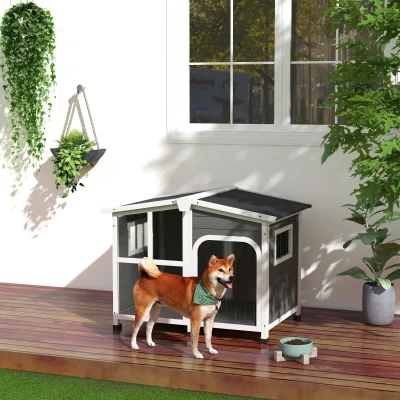 PawHut Caseta de Madera para Perros con Techo Abatible Frontal Acrílico y Puerta con Cortina 101x66,5x70,5cm Gris Oscuro