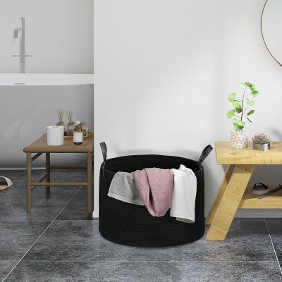 HOMCOM Wäschesack, 88L, tragbar, faltbar, Kunstledergriffe, Baumwolle, Ø56 x 35,5H cm, Schwarz