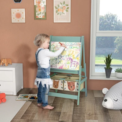 AIYAPLAY 3-in-1 Kinder Staffelei mit Papierrolle, Kreidetafel, Whiteboard, Aufbewahrungskörbe, 54 x 46,5 x 93 cm, grün