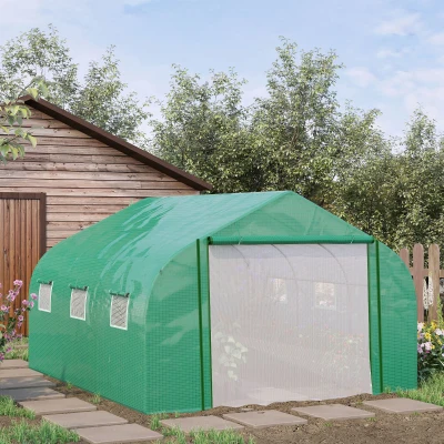 Outsunny Serre Tunnel 3.5x3x2m Acier PE Vert 6 Fenêtres