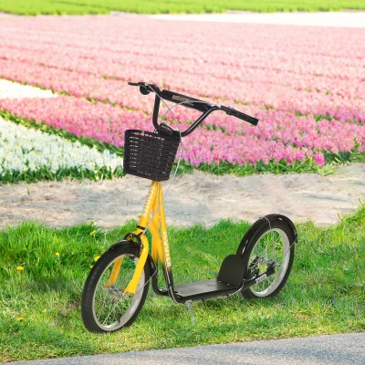 HOMCOM Trottinette patinette Enfant Grandes Roues pneumatiques Guidon réglable Frein AV-AR Garde-Boue béquille Panier métal Jaune Noir