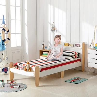 HOMCOM Kinderbett Jugendbett Hausbett mit Betttasche Spielzeugtasche ab 3 Jahre Holzbett Kinderzimmer Spielbett Einzelbett Kiefernholz Weiß+Natur 229 x 98 x 95 cm