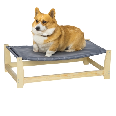 PawHut Erhöhtes Hundebett mit Holzbeine, 90cm x 50cm Abwaschbares Haustierbett Hundeliege mit Kissen, Haustierliege Hängebett Hundeschlafplatz für kleine bis mittelgroße Hunde, Natur+Hellgrau