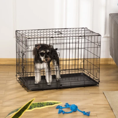 PawHut Jaula para Perros Plegable Transportín para Perros con 2 Puertas Bandeja Extraíble y Asa 75x48,5x53 cm Negro