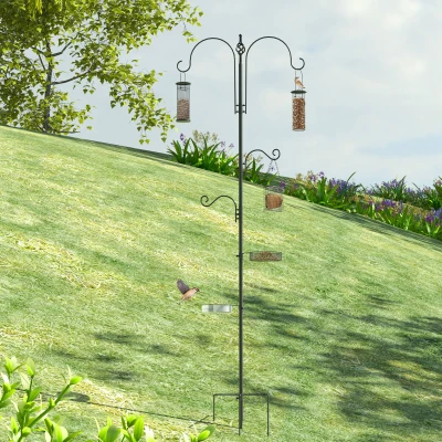 PawHut Vogel Futterstation Set aus Stahl Höhe 208 cm inkl. 4 Haken Vogeltränke Futterteller Vollständiges Futtersäulen Vogelfutterspender Station Schwarz