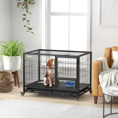 PawHut Jaula para Perros Grandes con Soporte de Cuenco Bandeja Extraíble Ruedas y Puerta Doble Desmontable 109x72x79 cm Negro
