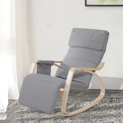 HOMCOM Silla de Relax Mecedora Balancín de Madera con Reposapiernas Ajustable y Bolsa para Revistas (Gris)