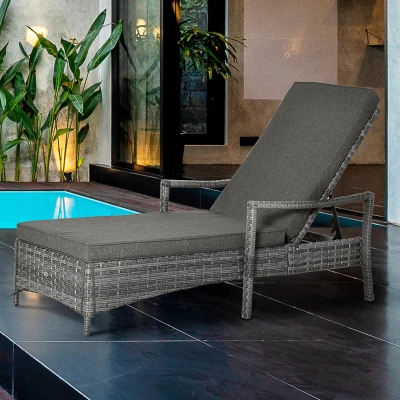 Outsunny Sonnenliege Polyrattan Gartenliege Rattanliege Gartenmöbel Liege mit Polsterauflage 4 Stufen verstellbar Grau 192 x 72 x 52,5 cm