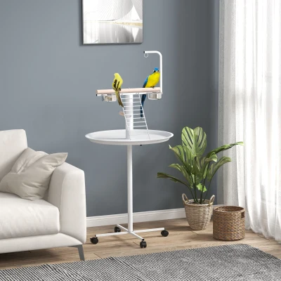 PawHut Comedero para Pájaros de Pie Ø60x138 cm con 4 Ruedas 2 Cuenco de Acero Inoxidable y 2 Perchas Blanco