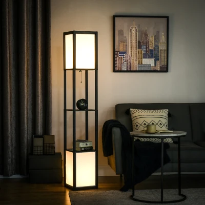 HOMCOM Lámpara de Pie de Madera con Estante para Bombilla E27 Potencia Máx. 40W Lámpara Moderna 26x26x156 cm Negro y Blanco