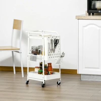 HOMCOM Carrito Auxiliar con Ruedas Carro de Almacenaje Multifuncional con 4 Ganchos y 2 Cestas Colgantes 51,5x32x75,6 cm Blanco