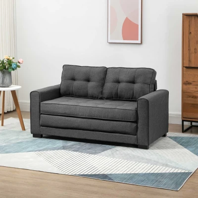 HOMCOM Schlafsofa Klappsofa 2-Sitzer Stoffsofa Bettsofa Sofa mit Schlaffunktion Sofagarnitur Leinen-Touch Gummiholz Grau 147,5 x 75 x 85 cm