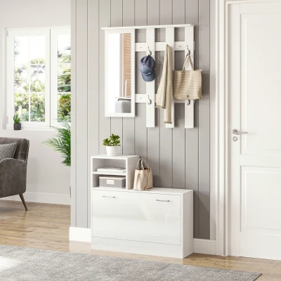 HOMCOM Recibidor con Espejo Perchero y Zapatero Muebles de Entrada con 6 Ganchos y Estantes para 8 Pares de Zapatos Blanco
