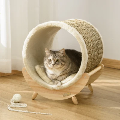 PawHut Raised Cat House with Scratcher, Beige