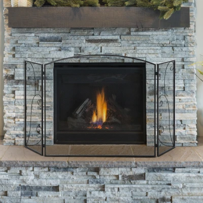 HOMCOM Pantalla de Chimenea Plegable con Bisagras 132,5x76,5 cm ​Estructura de Acero Resistente Malla Decorativa Negro