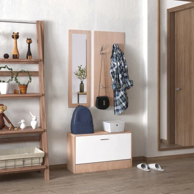 HOMCOM Conjunto de Muebles de Entrada Recibidor Pasillo Set de 3 Piezas Zapatero Espejo Perchero con 4 Ganchos para Colgar Ropa 80x27x46,5cm Madera