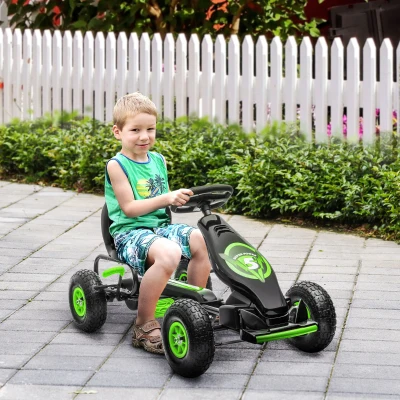 HOMCOM Kinder-Gokart, mit Pedalen, verstellbarem Sitz, In- und Outdoor, ab 5 Jahren, Grün+Schwarz, 121 x 58 x 61 cm