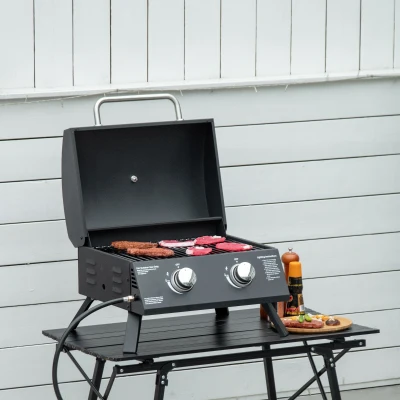 Outsunny Tischgrill Gasgrill BBQ mit 2 Brennern mobiler Grillwagen Grillnetz klein Outdoor Tischgasgrill Picknick mit Druckminderer Schlauch Edelstahl Schwarz 55 x 46,5 x 41 cm