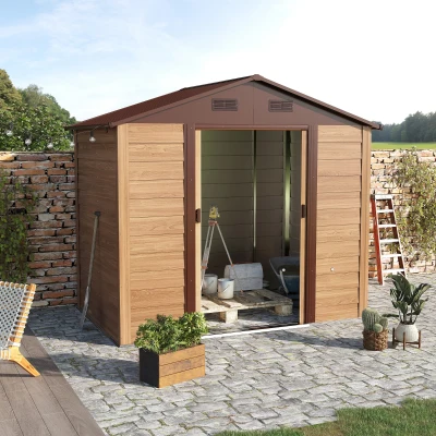 Outsunny Gartenschuppen Geräteschuppen Gerätehaus Gartenhaus mit Fenster, Schiebetüren, wetterfest Gartenhütte mit Holzoptik Stahl Braun 152 x 235,7 x 208,7 cm