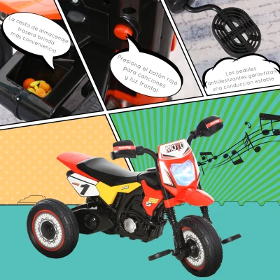 HOMCOM Moto Correpasillos Infantil para Niños de +18 Meses con Apariencia de Moto de Montaña con 3 Ruedas con Luces y Sonido Pedales Diseño Único 71x40x51 cm Rojo(m-6)