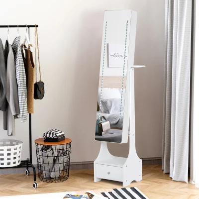 HOMCOM Armario para Joyas con Espejo de Cuerpo Entero Ángulo Ajustable con Cajón y Colgador para Secador 37x30x158 cm Blanco