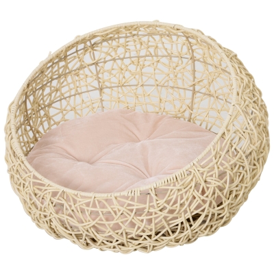 PawHut Katzenbett aus Rattan Katzenhöhle mit Kissen Katzenkorb Hundebett Katzenschlafplatz Hundehütte Tierbett für Katzen Hunde Beige Ø56 x 35 cm
