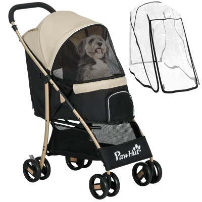 PawHut Pet Stroller for Small Dogs with Rain Cover - Khaki